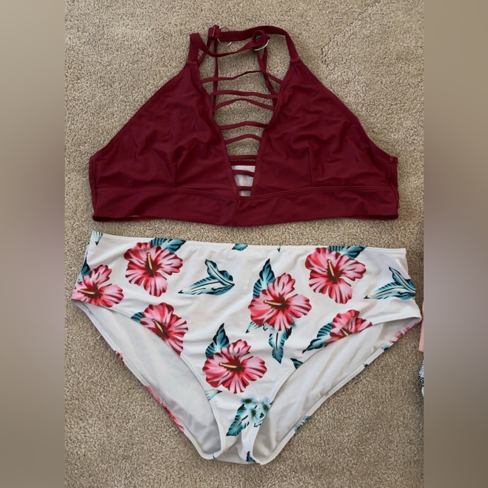 SHEIN Burgundy and Floral Bikini Set